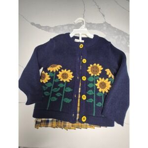 Vintage B.T. Kids Sunflower Cardigan and Plaid Skirt Set Navy Yellow 3T